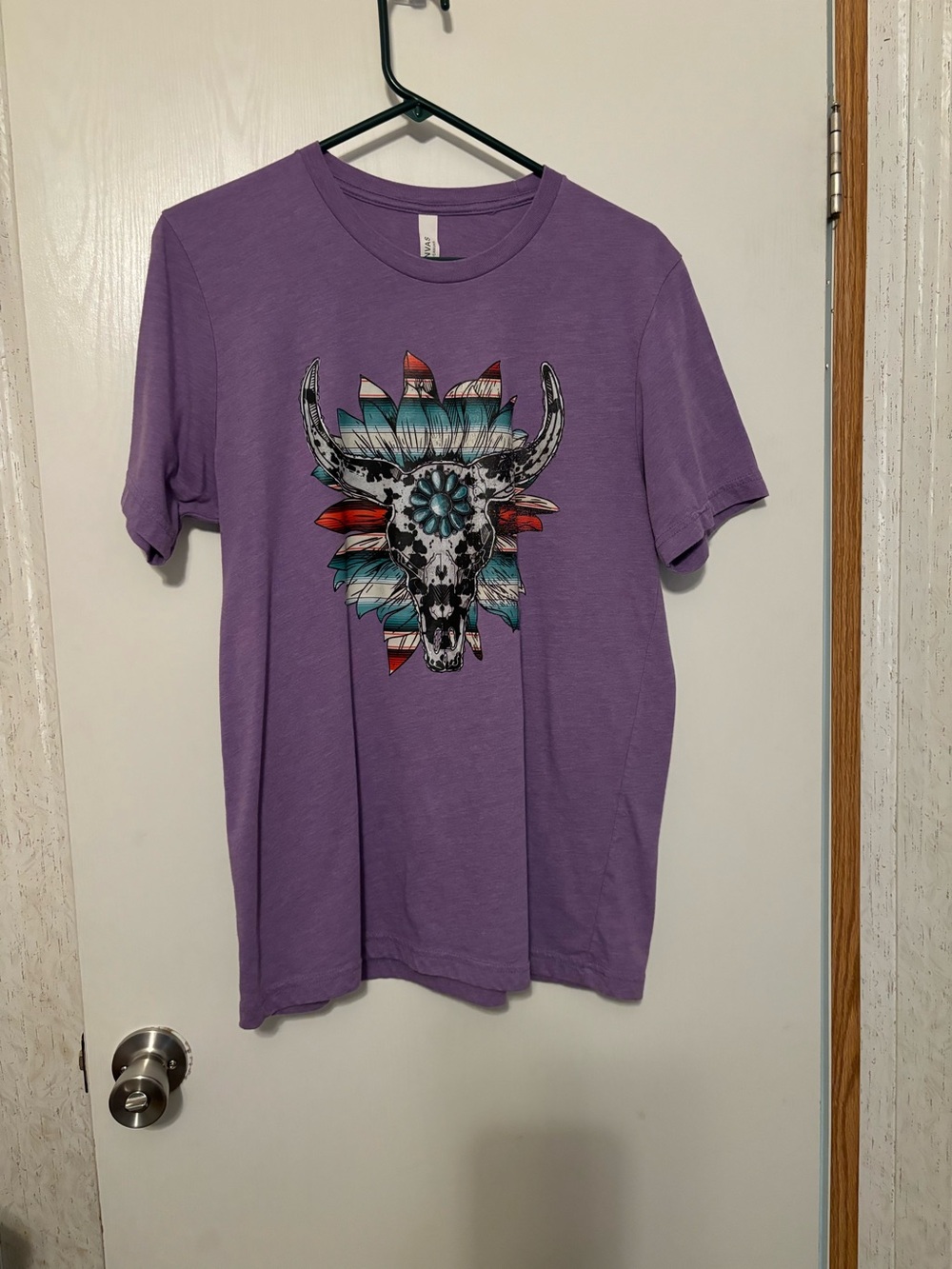 Bella Canvas Purple Short-Sleeve Tee with Turquoise & Red Bull Skull Graphic